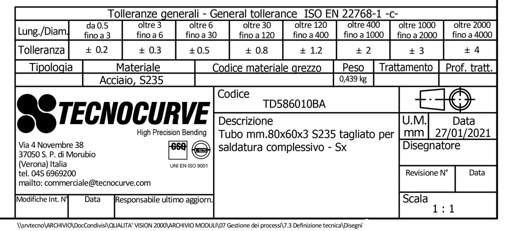 cartiglio di disegno tecnico tubo curvato tagliato per saldatura